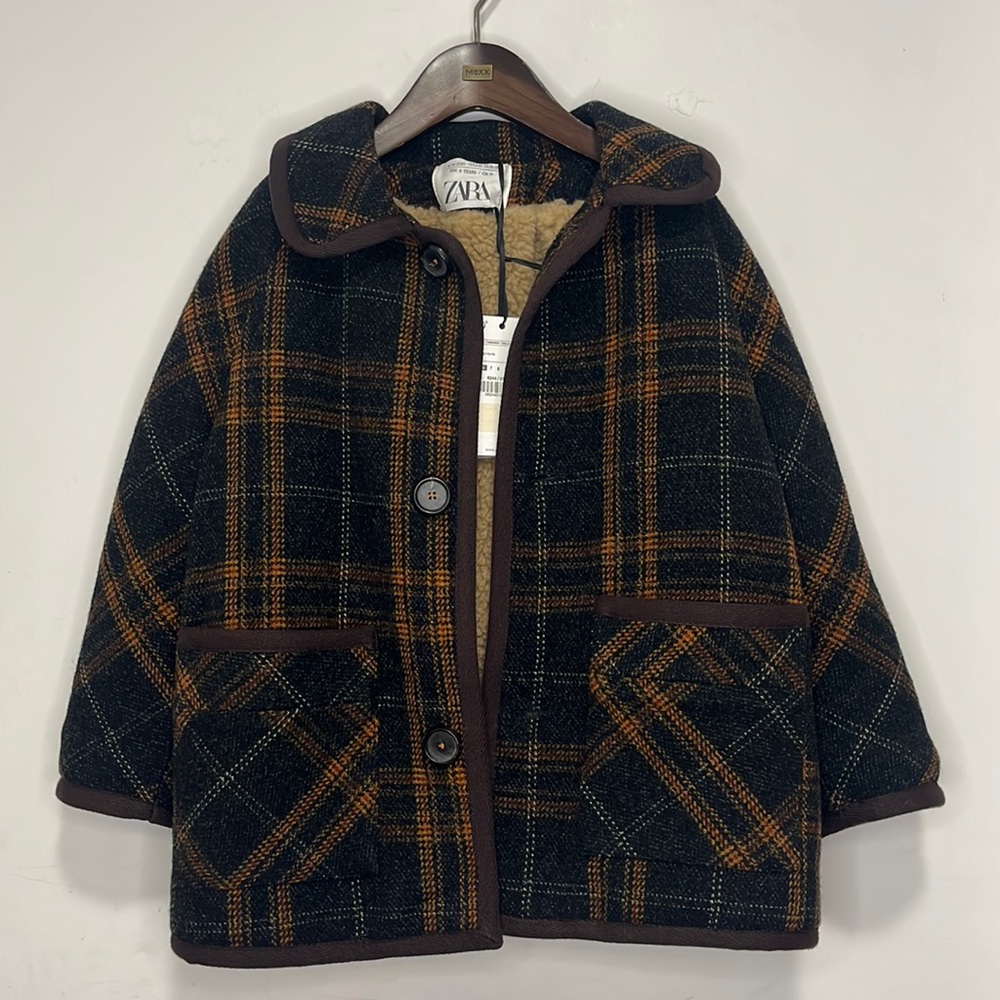 Zara Kids Checkered Pea Coat - Black and Orange